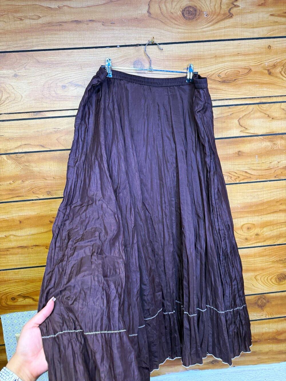 Vintage 90’s Cottage Core Brown Crinkle Silk Blend 1X Lined Elastic Waist Boho